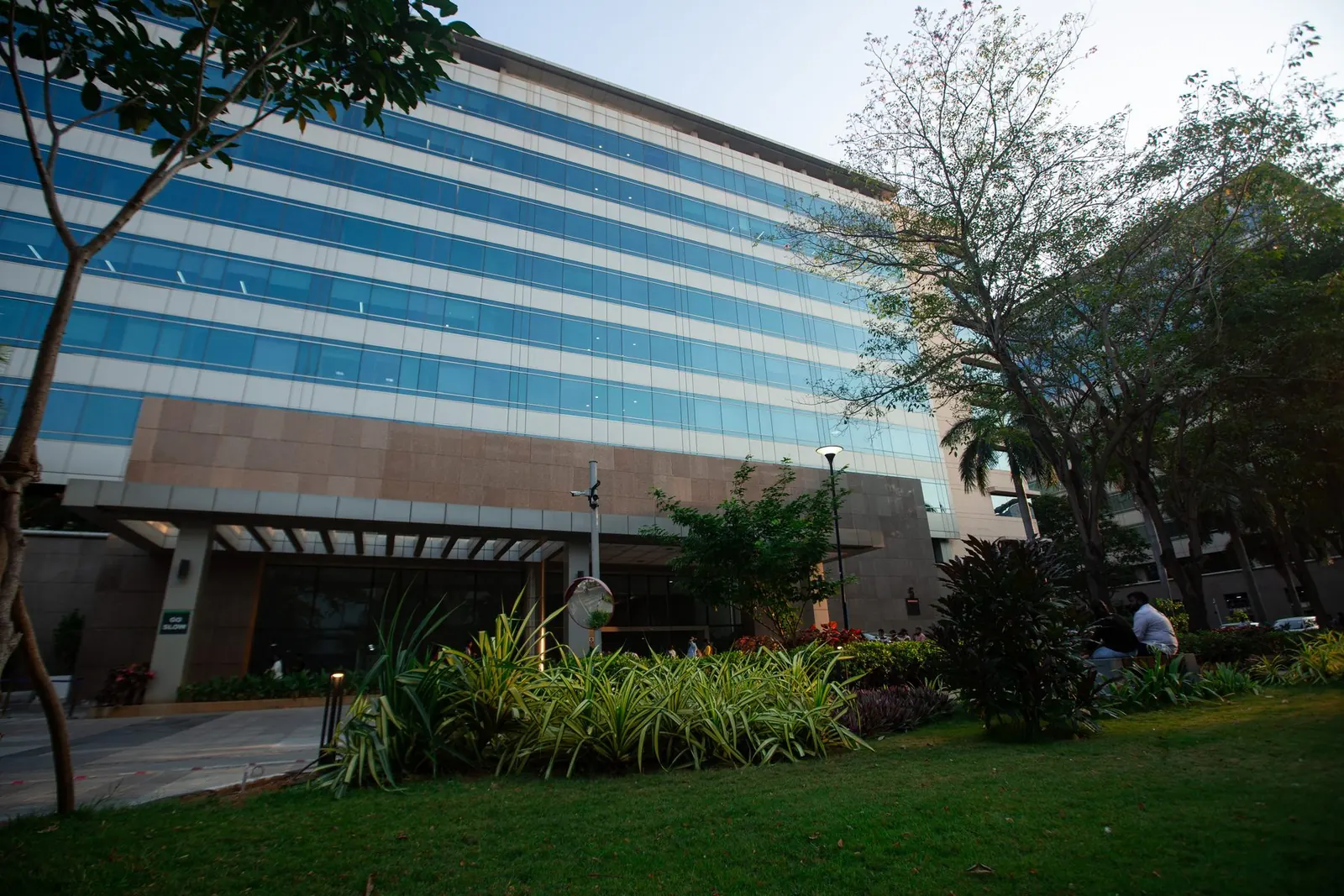 A glass-and-steel campus building